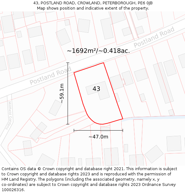 43, POSTLAND ROAD, CROWLAND, PETERBOROUGH, PE6 0JB: Plot and title map