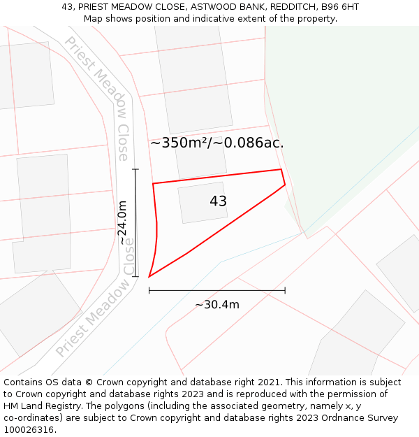 43, PRIEST MEADOW CLOSE, ASTWOOD BANK, REDDITCH, B96 6HT: Plot and title map