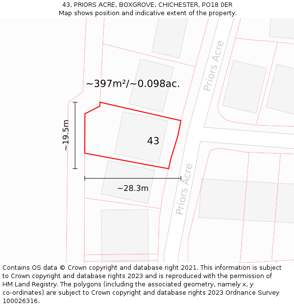 43, PRIORS ACRE, BOXGROVE, CHICHESTER, PO18 0ER: Plot and title map