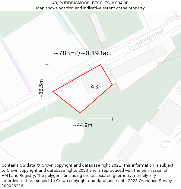 43, PUDDINGMOOR, BECCLES, NR34 9PJ: Plot and title map