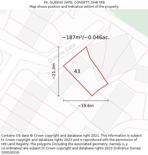 43, QUEENS GATE, CONSETT, DH8 5FB: Plot and title map