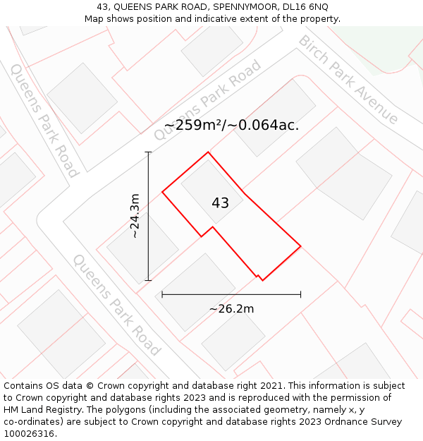 43, QUEENS PARK ROAD, SPENNYMOOR, DL16 6NQ: Plot and title map