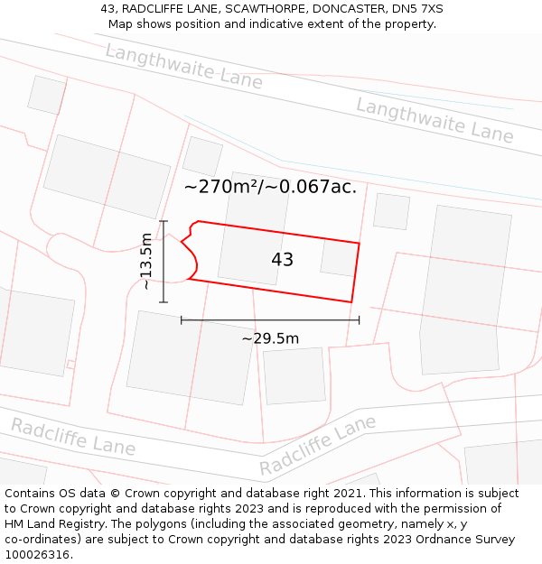 43, RADCLIFFE LANE, SCAWTHORPE, DONCASTER, DN5 7XS: Plot and title map