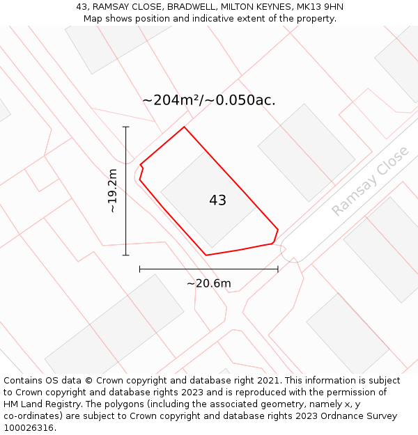 43, RAMSAY CLOSE, BRADWELL, MILTON KEYNES, MK13 9HN: Plot and title map