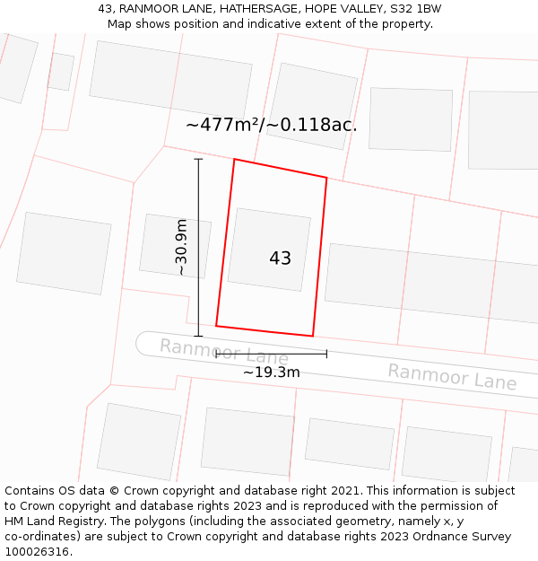 43, RANMOOR LANE, HATHERSAGE, HOPE VALLEY, S32 1BW: Plot and title map