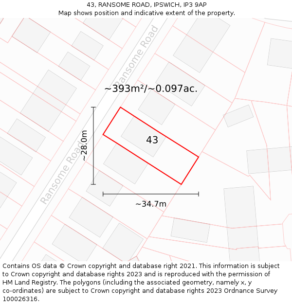 43, RANSOME ROAD, IPSWICH, IP3 9AP: Plot and title map