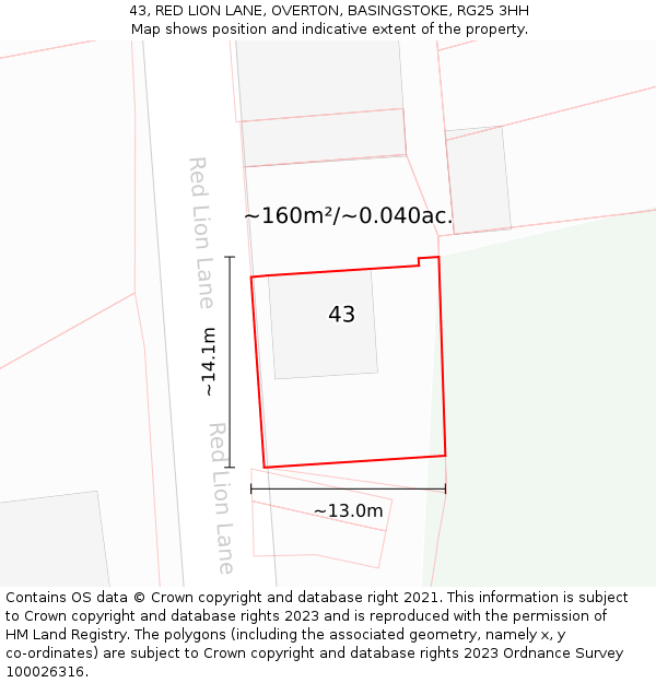 43, RED LION LANE, OVERTON, BASINGSTOKE, RG25 3HH: Plot and title map