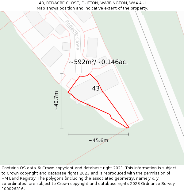 43, REDACRE CLOSE, DUTTON, WARRINGTON, WA4 4JU: Plot and title map