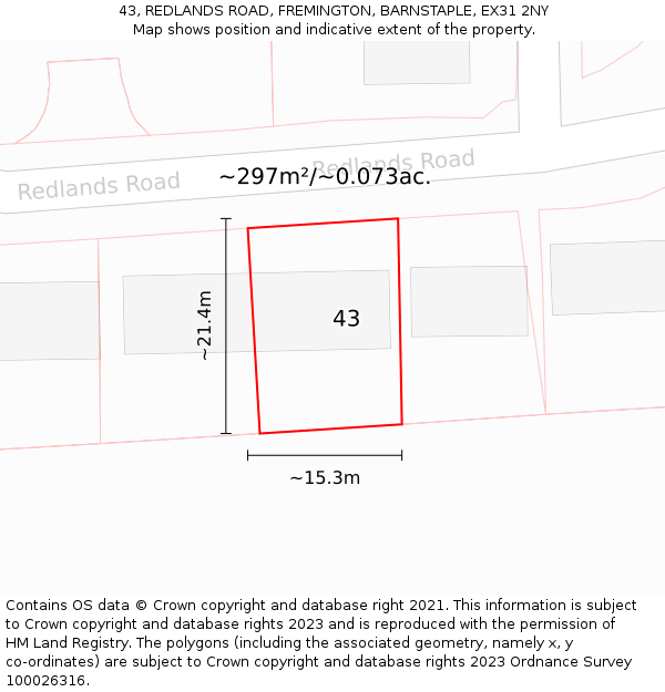 43, REDLANDS ROAD, FREMINGTON, BARNSTAPLE, EX31 2NY: Plot and title map