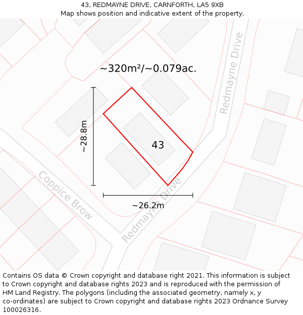 43, REDMAYNE DRIVE, CARNFORTH, LA5 9XB: Plot and title map