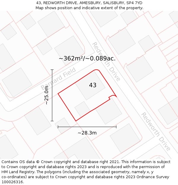 43, REDWORTH DRIVE, AMESBURY, SALISBURY, SP4 7YD: Plot and title map