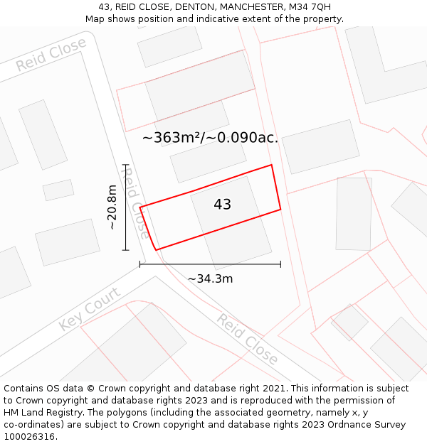 43, REID CLOSE, DENTON, MANCHESTER, M34 7QH: Plot and title map