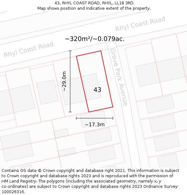 43, RHYL COAST ROAD, RHYL, LL18 3RD: Plot and title map