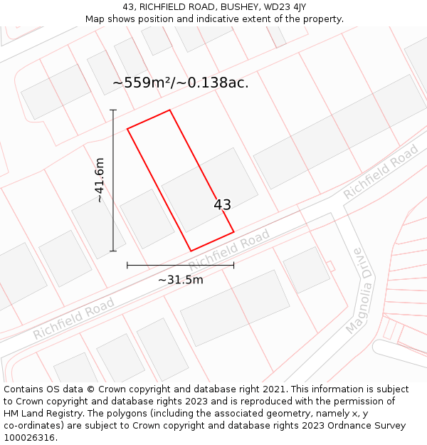 43, RICHFIELD ROAD, BUSHEY, WD23 4JY: Plot and title map