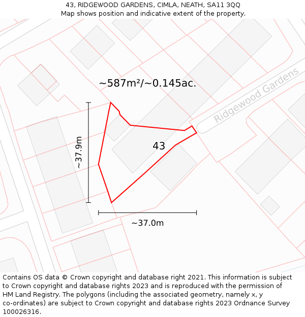 43, RIDGEWOOD GARDENS, CIMLA, NEATH, SA11 3QQ: Plot and title map