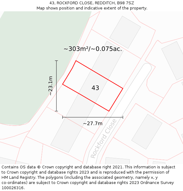 43, ROCKFORD CLOSE, REDDITCH, B98 7SZ: Plot and title map