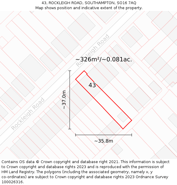 43, ROCKLEIGH ROAD, SOUTHAMPTON, SO16 7AQ: Plot and title map