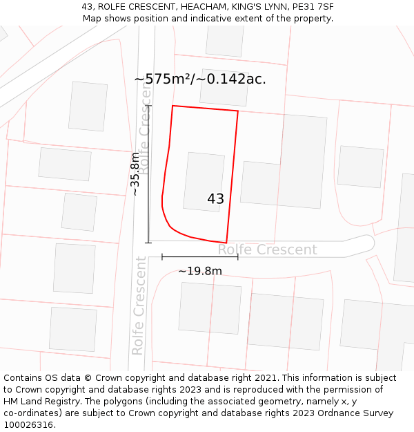 43, ROLFE CRESCENT, HEACHAM, KING'S LYNN, PE31 7SF: Plot and title map