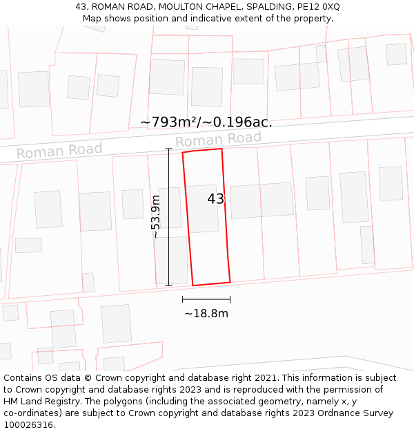 43, ROMAN ROAD, MOULTON CHAPEL, SPALDING, PE12 0XQ: Plot and title map