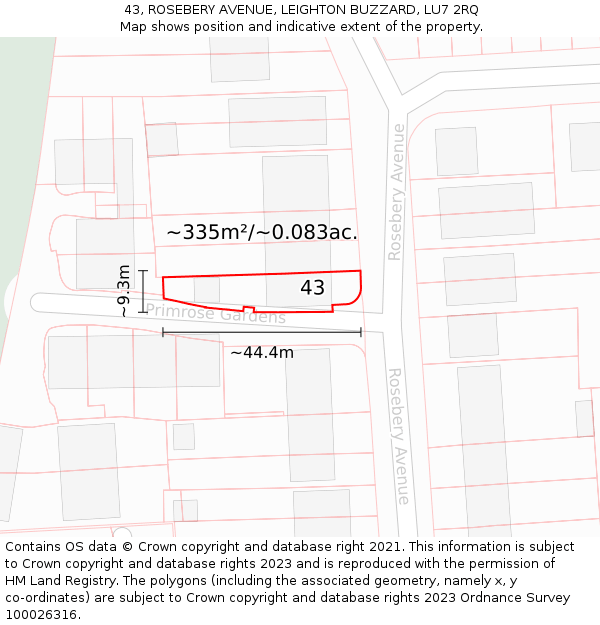 43, ROSEBERY AVENUE, LEIGHTON BUZZARD, LU7 2RQ: Plot and title map