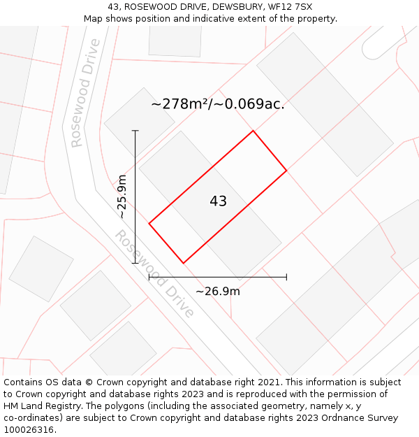 43, ROSEWOOD DRIVE, DEWSBURY, WF12 7SX: Plot and title map