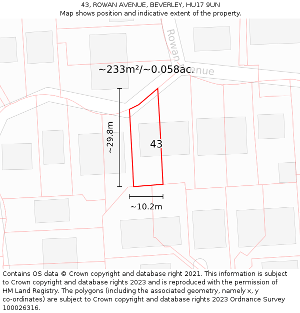 43, ROWAN AVENUE, BEVERLEY, HU17 9UN: Plot and title map