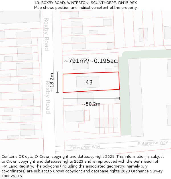 43, ROXBY ROAD, WINTERTON, SCUNTHORPE, DN15 9SX: Plot and title map