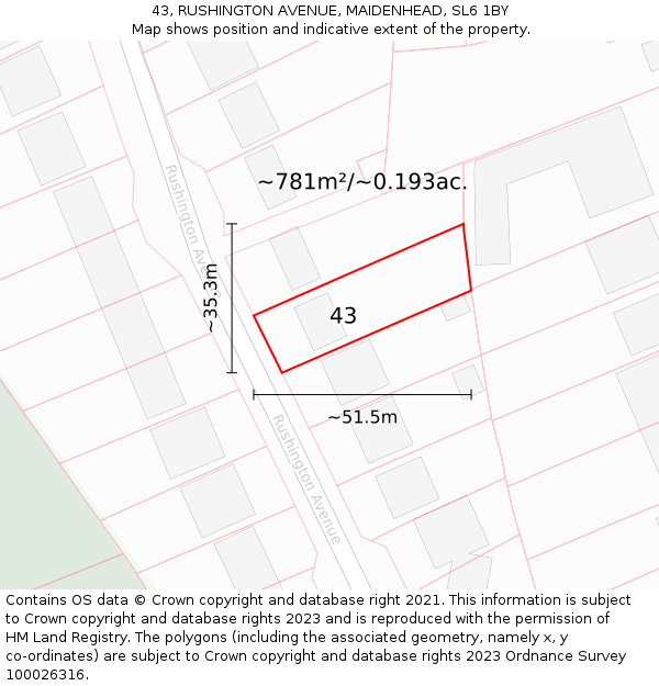 43, RUSHINGTON AVENUE, MAIDENHEAD, SL6 1BY: Plot and title map