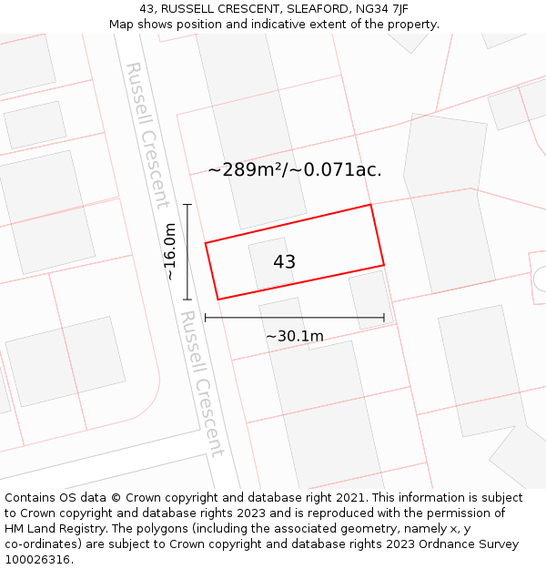 43, RUSSELL CRESCENT, SLEAFORD, NG34 7JF: Plot and title map