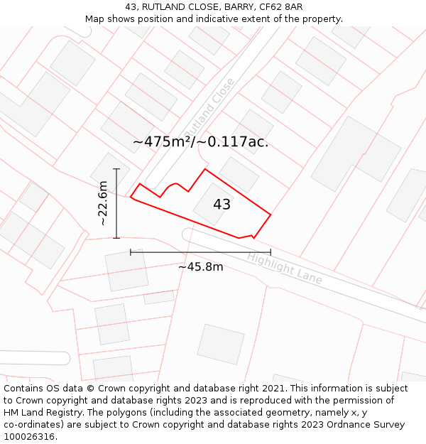 43, RUTLAND CLOSE, BARRY, CF62 8AR: Plot and title map