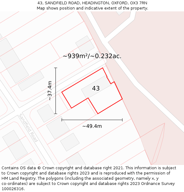 43, SANDFIELD ROAD, HEADINGTON, OXFORD, OX3 7RN: Plot and title map