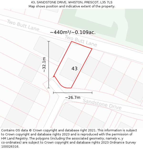 43, SANDSTONE DRIVE, WHISTON, PRESCOT, L35 7LS: Plot and title map