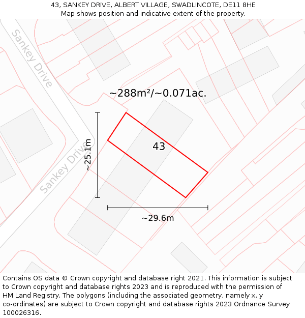 43, SANKEY DRIVE, ALBERT VILLAGE, SWADLINCOTE, DE11 8HE: Plot and title map