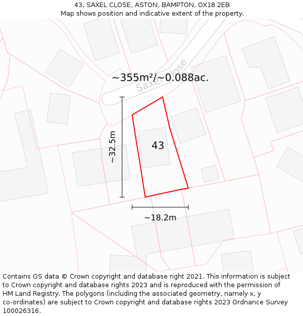 43, SAXEL CLOSE, ASTON, BAMPTON, OX18 2EB: Plot and title map