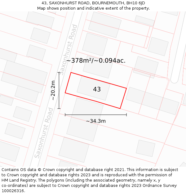 43, SAXONHURST ROAD, BOURNEMOUTH, BH10 6JD: Plot and title map