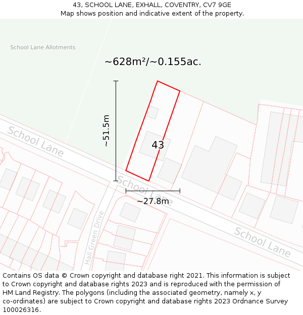 43, SCHOOL LANE, EXHALL, COVENTRY, CV7 9GE: Plot and title map