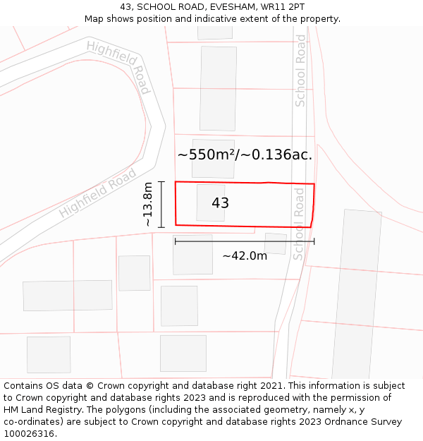 43, SCHOOL ROAD, EVESHAM, WR11 2PT: Plot and title map
