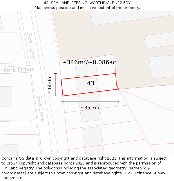 43, SEA LANE, FERRING, WORTHING, BN12 5DY: Plot and title map
