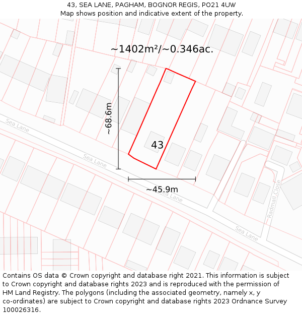 43, SEA LANE, PAGHAM, BOGNOR REGIS, PO21 4UW: Plot and title map