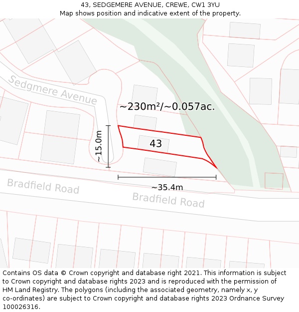 43, SEDGEMERE AVENUE, CREWE, CW1 3YU: Plot and title map