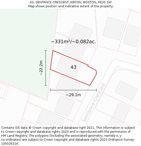 43, SENTANCE CRESCENT, KIRTON, BOSTON, PE20 1XF: Plot and title map