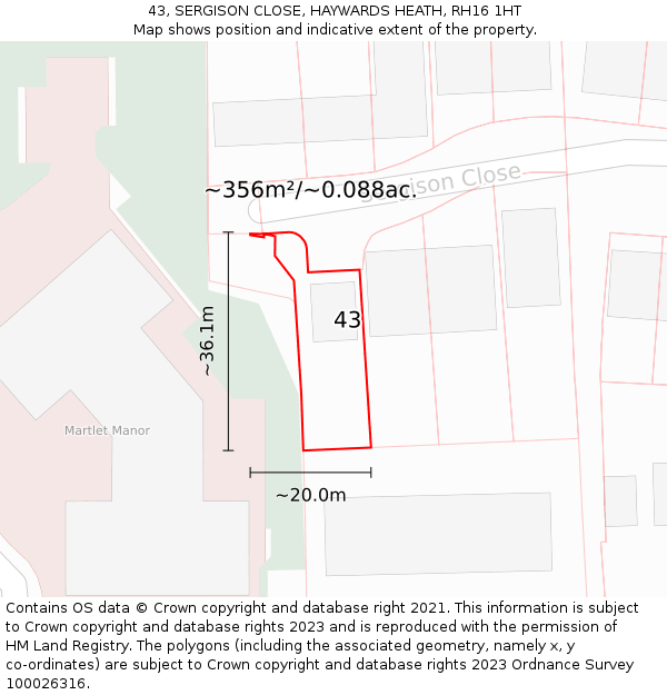 43, SERGISON CLOSE, HAYWARDS HEATH, RH16 1HT: Plot and title map