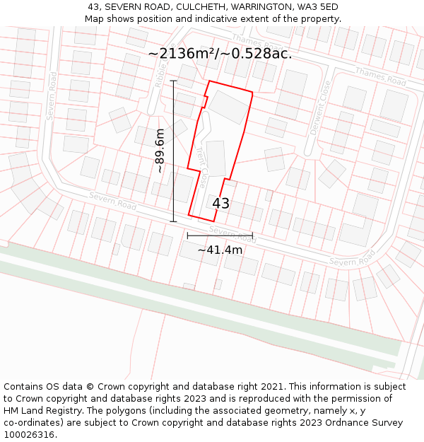 43, SEVERN ROAD, CULCHETH, WARRINGTON, WA3 5ED: Plot and title map