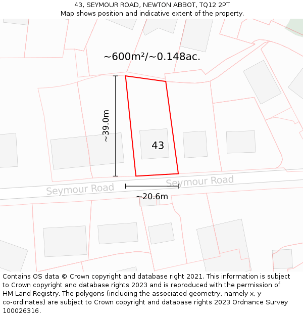 43, SEYMOUR ROAD, NEWTON ABBOT, TQ12 2PT: Plot and title map