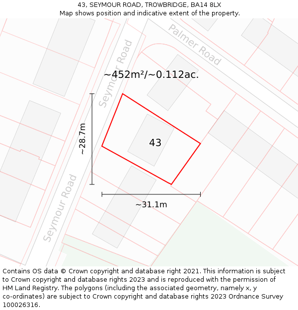 43, SEYMOUR ROAD, TROWBRIDGE, BA14 8LX: Plot and title map