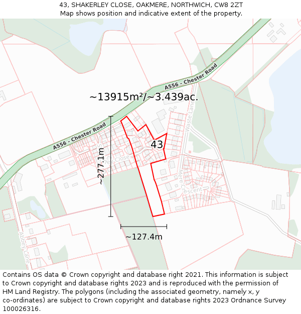 43, SHAKERLEY CLOSE, OAKMERE, NORTHWICH, CW8 2ZT: Plot and title map