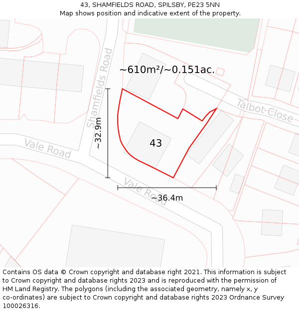 43, SHAMFIELDS ROAD, SPILSBY, PE23 5NN: Plot and title map