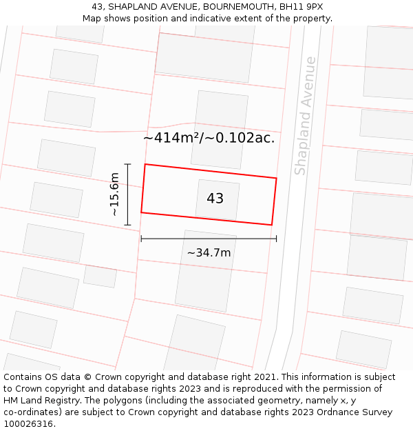 43, SHAPLAND AVENUE, BOURNEMOUTH, BH11 9PX: Plot and title map