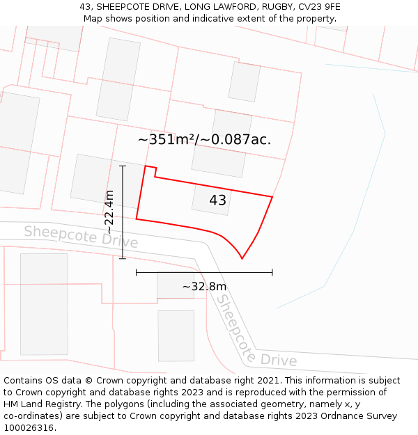 43, SHEEPCOTE DRIVE, LONG LAWFORD, RUGBY, CV23 9FE: Plot and title map