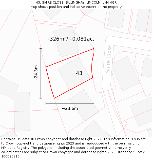 43, SHIRE CLOSE, BILLINGHAY, LINCOLN, LN4 4GR: Plot and title map